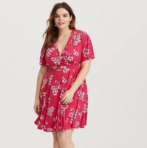 Torrid RASPBERRY FLORAL JERSEY KNIT FAUX WRAP DRES